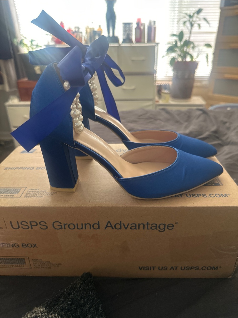 Royal Blue Satin Block Heels with Pearl Strap & Wrap-Around Ribbon Tie – Size 41